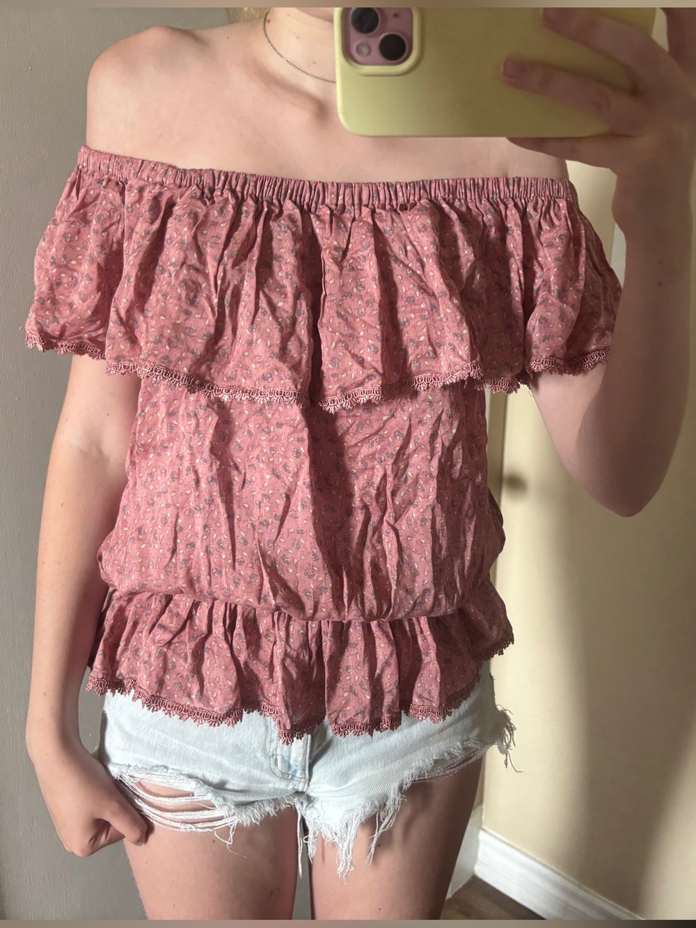Off-Shoulder Pink Floral Ruffle Top